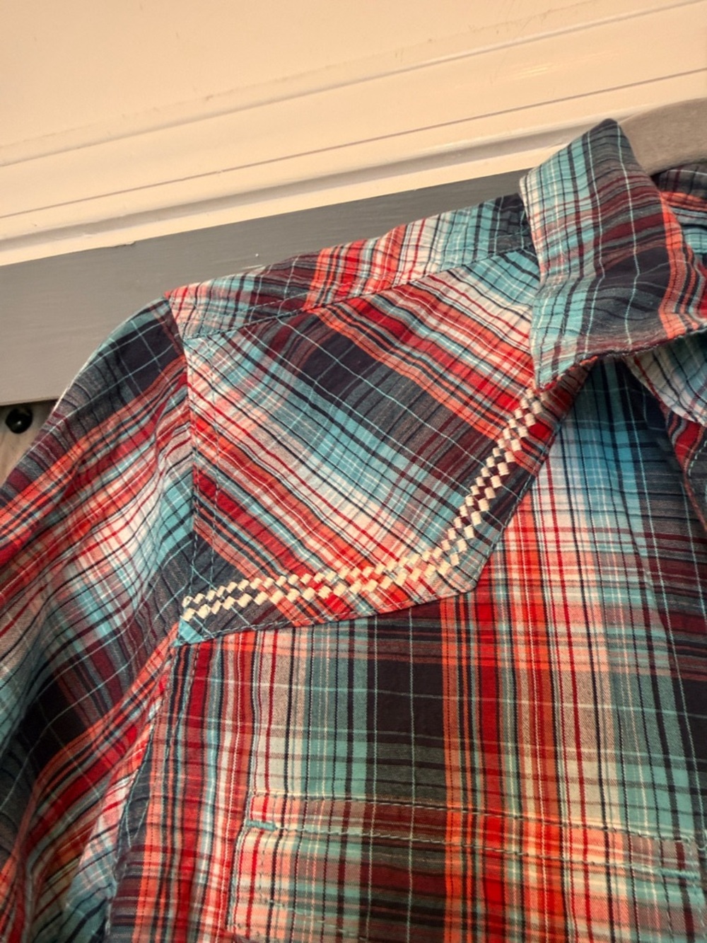 Ariat Red Navy Teal Plaid Button-Down Western Shirt - Picture 4 of 7